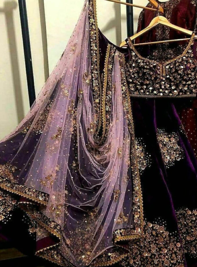 Purple and Mauve Velvet Lehenga